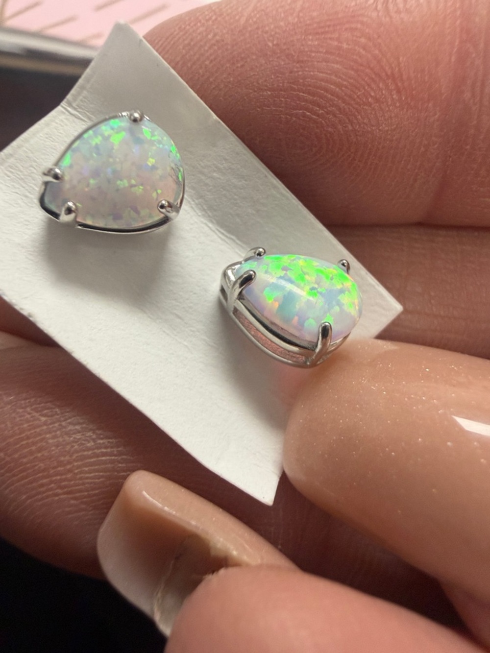 Teardrop Opal Stud Earrings in White - Elegant Women's Jewelry Sterling Silver - Picture 3 of 4